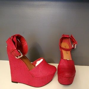Red Woven Ankle Wedges